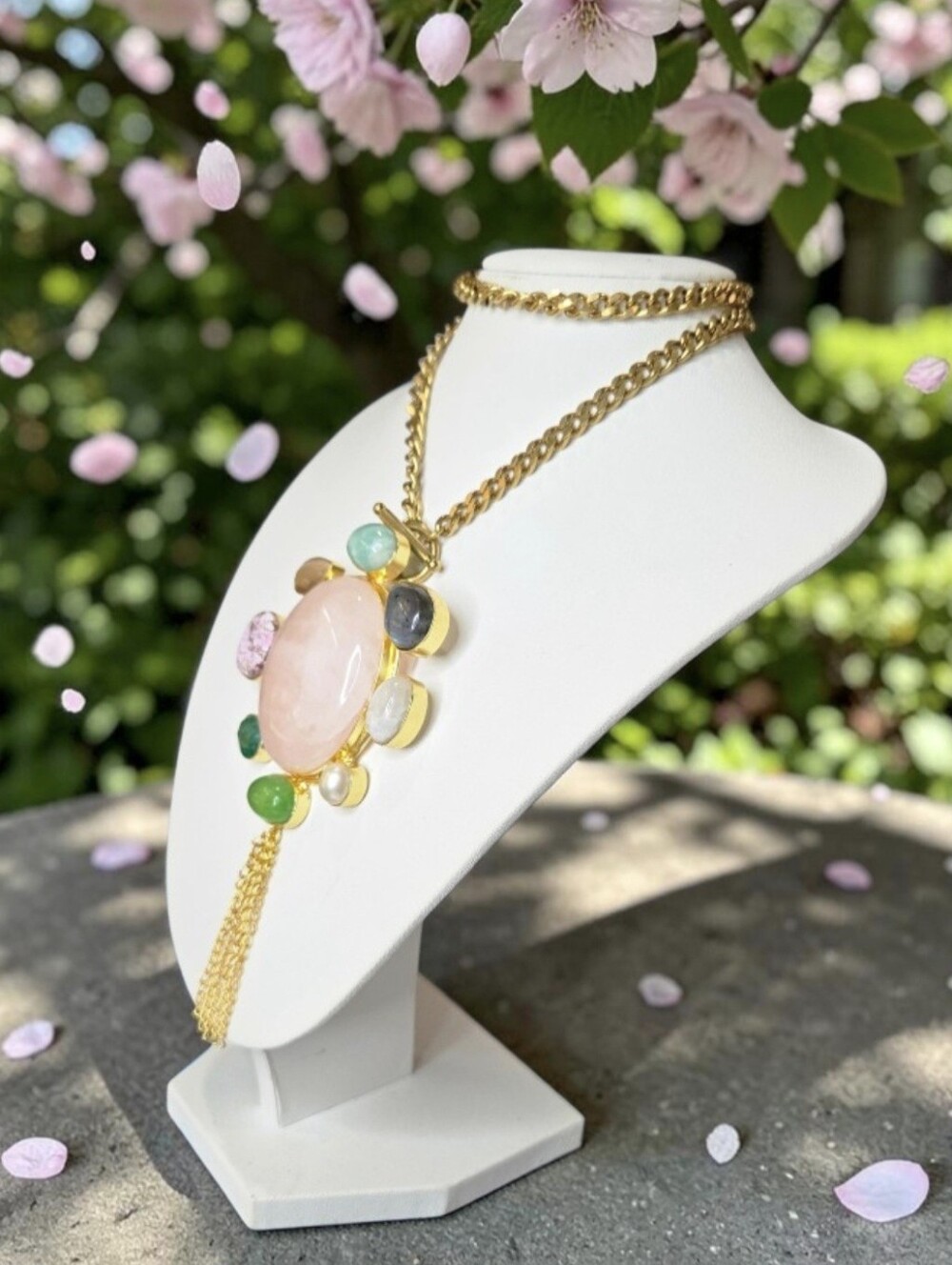 18k Gold Plated Artisan Rose Quartz Emerald Amethyst Pearl Amazonite Necklace - Picture 2 of 6